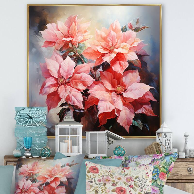 Designart "Pink Poinsettias Romantic Impression" Floral Framed Wall Art Living Room Bed Bath